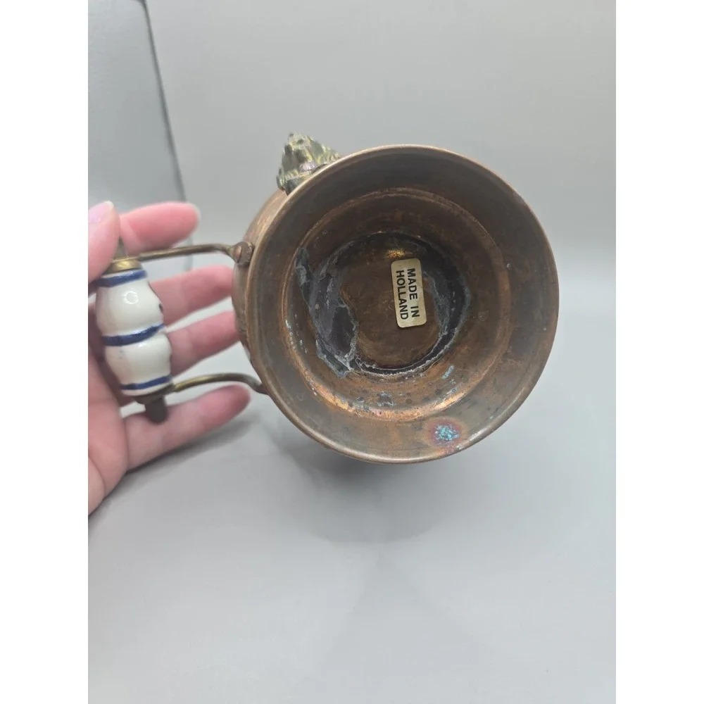 Vntg Copper Brass Coal Ash Small Scuttle Bucket Delft Blue Handle 6-3/4